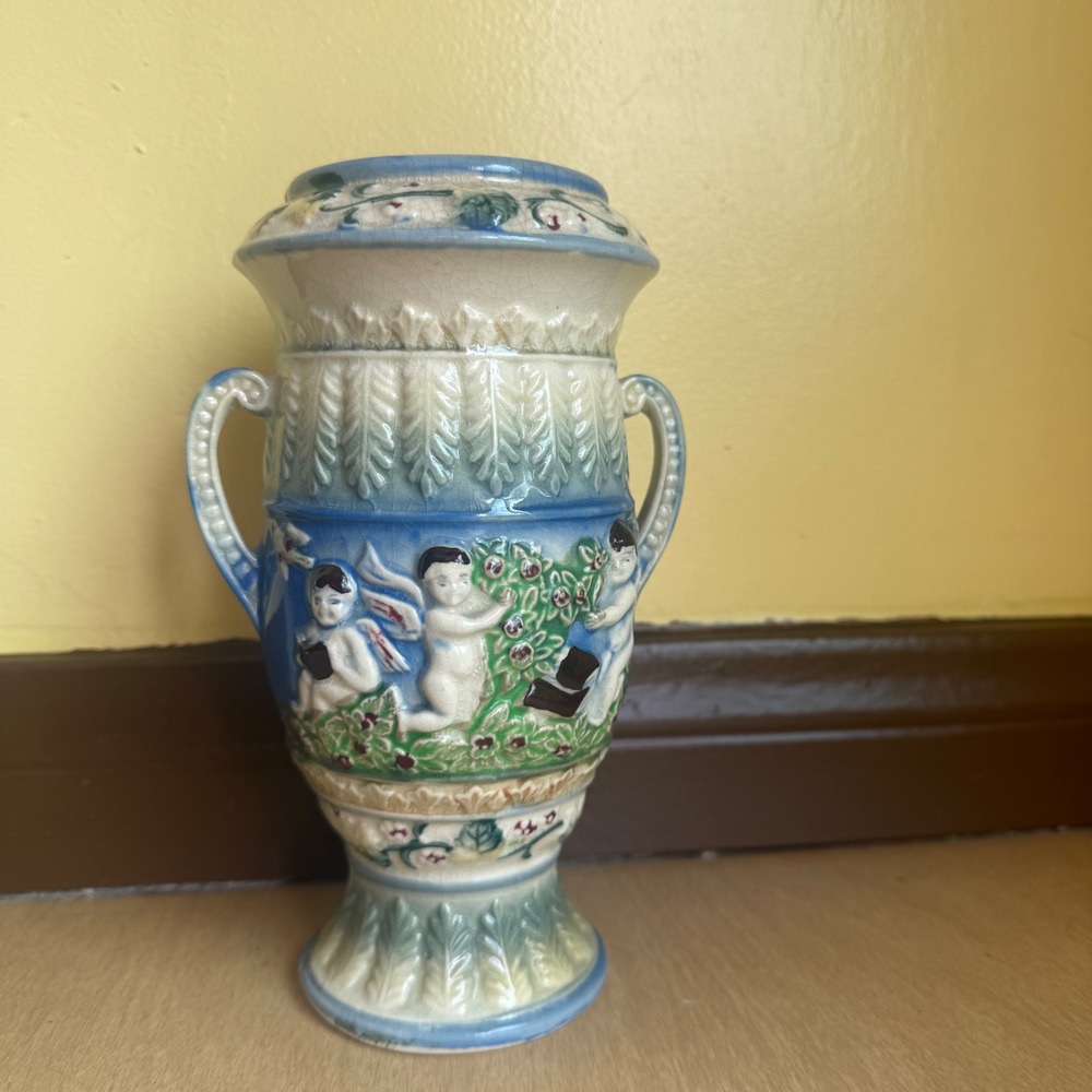 Vintage Made in Japan Cherub Vase Blue Cream Ceramic 7.5in Fair Relief Design